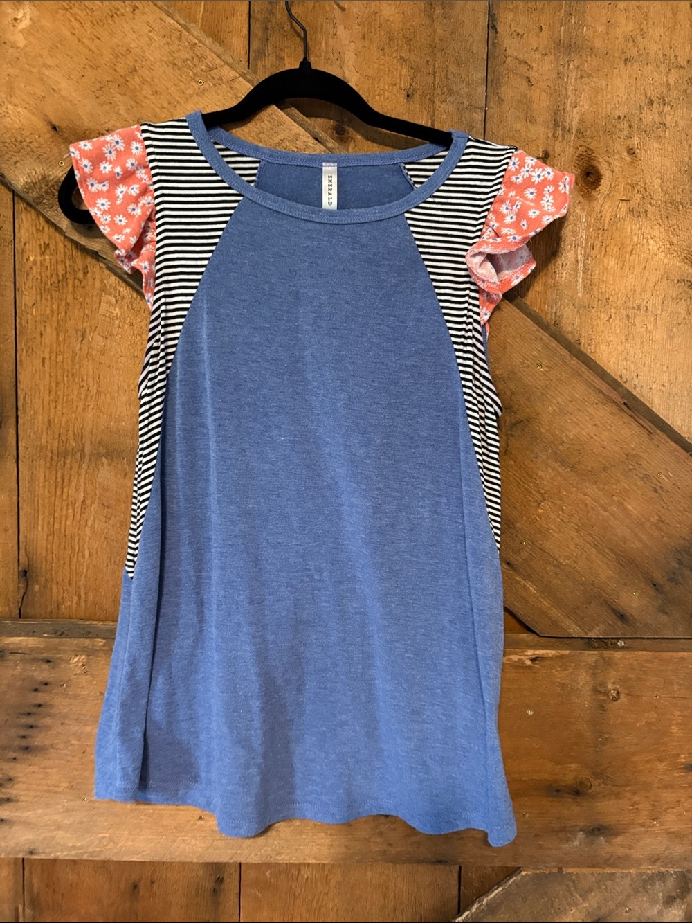 Emerald Blue Raglan Top Floral Flutter Sleeves Striped Panels Women Small